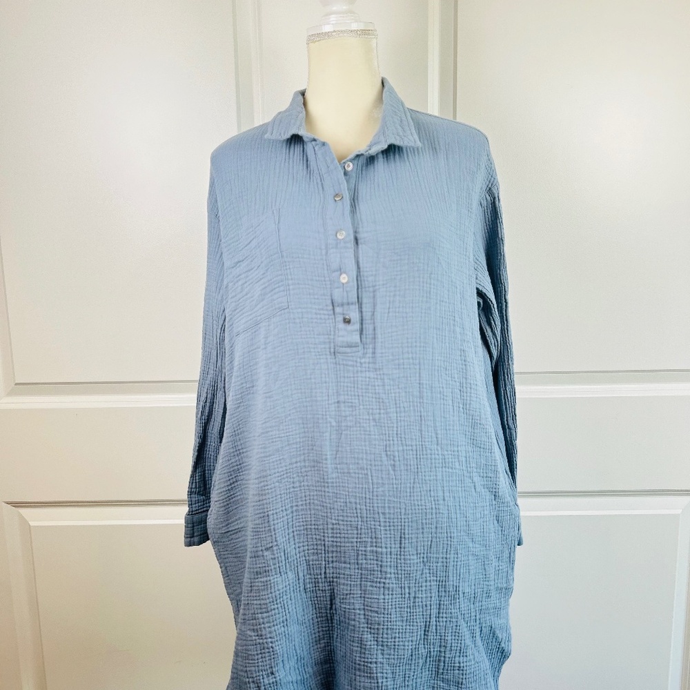 Cotton Gauze Shirt Dress P Cill Lagenlook Long Sleeve Collared Med Dusty Blue